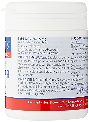 Lamberts Healthcare Zinc 25mg (as Citrate) (Zinkcitrat) 120 Tabletten (vegan)