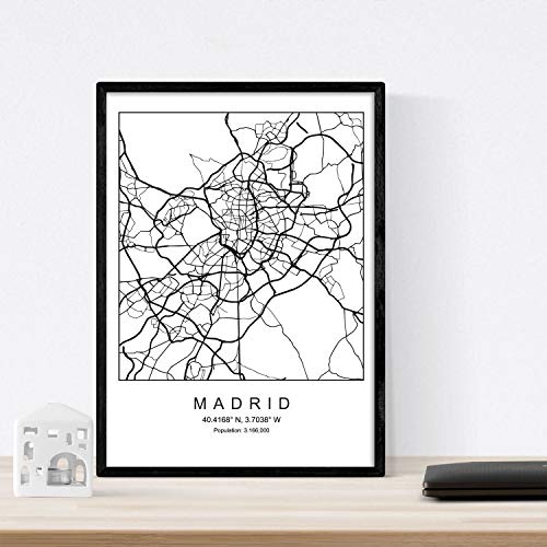 Lámina Mapa de la Ciudad Madrid Estilo nordico en Blanco y Negro. Poster tamaño A3 Sin Marco Impreso Papel 250 gr. Cuadros, láminas y Posters para Salon y Dormitorio