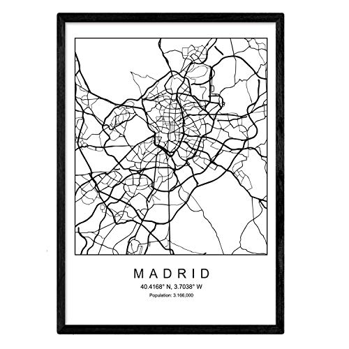 Lámina Mapa de la Ciudad Madrid Estilo nordico en Blanco y Negro. Poster tamaño A3 Sin Marco Impreso Papel 250 gr. Cuadros, láminas y Posters para Salon y Dormitorio