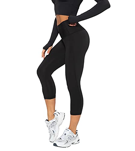 LAPASA Pantalones Leggings 3/4 Capris Mujer Mallas Deportivas con Bolsillo Leggins de Deporte para Yoga Cintura Alta L02A1 S Negro