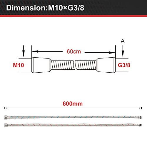 Latiguillos de Fontanería para Grifo de Cocina, Mangueras de Plomería Trenzada G3/8 Agua Fría Caliente, Manguera Reforzadade Acero Inoxidable para Grifo Mezclador (M10, 600mm)