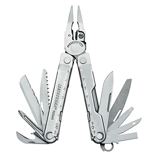 Leatherman Rebar - Multiherramienta con 17 herramientas de bloqueo, herramienta multiusos para bricolaje y camping, hecha en EE.UU., de acero inoxidable, en plata y una funda de cuero