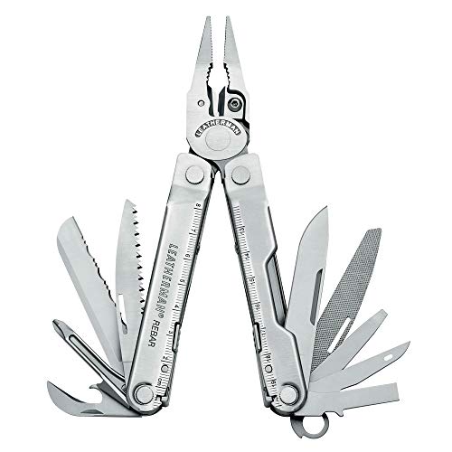 Leatherman Rebar - Multiherramienta con 17 herramientas de bloqueo, herramienta multiusos para bricolaje y camping, hecha en EE.UU., de acero inoxidable, en plata y una funda de nylon