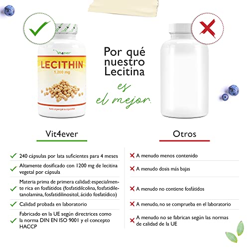 Lecitina 1.200 mg - 240 cápsulas blandas - Premium: Con fosfátidos - Lecitina de soja no modificada genéticamente - Alta dosis