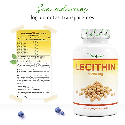 Lecitina 1.200 mg - 240 cápsulas blandas - Premium: Con fosfátidos - Lecitina de soja no modificada genéticamente - Alta dosis
