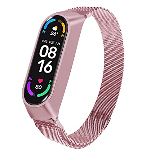 Leelbox Correa para Xiaomi Mi Band 6 / Xiaomi Mi Band 5 / Amazfit Band 5, Pulsera Metal Correas Imán de Actividad Reloj Wristband Recambio Bandas de Acero Inoxidable magnético Strap (Rosa)