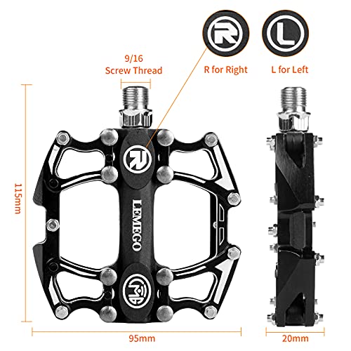 LEMEGO Pedales Bicicleta MTB, Pedales Bicicleta Montaña Rosca 9/16" Pedal CNC Antideslizante Aleación de Aluminio Plataforma Cojinete Sellado para MTB BMX Bicicleta Carretera Ciudad Urbana Ciclismo