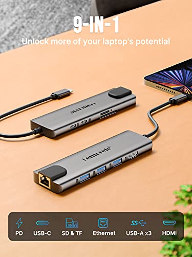 Lemorele Hub USB C con Ethernet RJ45 de 1000M -10 en 1, Aluminio Espacial Adaptador USB C Hub con HDMI 4K, 3 USB 3.0,PD 100W, SD/TF, Dato USB-C a MacBook Air/Pro M1, iPad M1,Windows,Switch, Chromecast