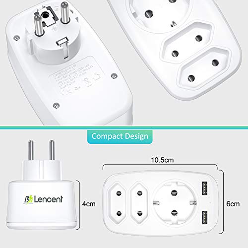 LENCENT Ladron Enchufe USB Schuko 4000W,Enchufe Multiple con USB,Cargador USB de Pared,1 Schuko, 2 Clavija EU y 2 Puertos USB,Adaptador Enchufe Portatíl casa,Officio y Viaje