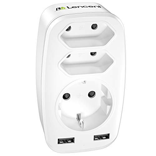 LENCENT Ladron Enchufe USB Schuko 4000W,Enchufe Multiple con USB,Cargador USB de Pared,1 Schuko, 2 Clavija EU y 2 Puertos USB,Adaptador Enchufe Portatíl casa,Officio y Viaje