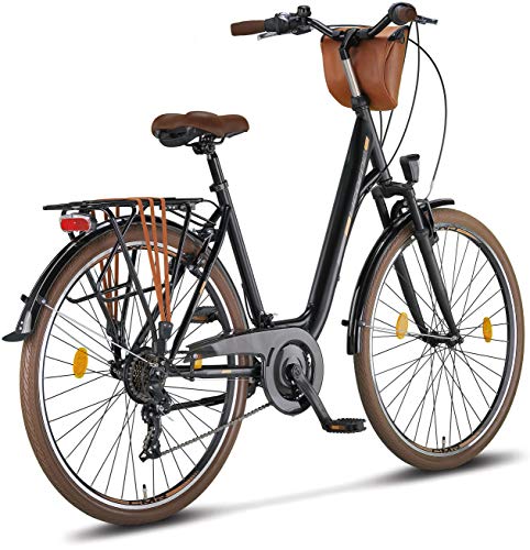 Licorne Bike Bicicleta de Ciudad prémium de 24,26 y 28 Pulgadas, para niños, Hombres y Mujeres, Cambio de 21 velocidades, Bicicleta Holandesa, Violetta, Color Negro
