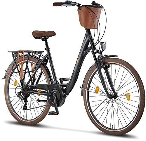 Licorne Bike Bicicleta de Ciudad prémium de 24,26 y 28 Pulgadas, para niños, Hombres y Mujeres, Cambio de 21 velocidades, Bicicleta Holandesa, Violetta, Color Negro