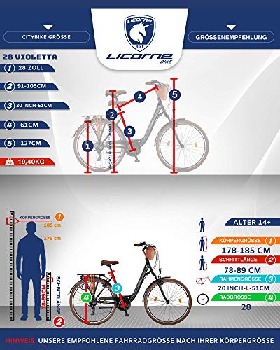 Licorne Bike Bicicleta de Ciudad prémium de 24,26 y 28 Pulgadas, para niños, Hombres y Mujeres, Cambio de 21 velocidades, Bicicleta Holandesa, Violetta, Color Negro