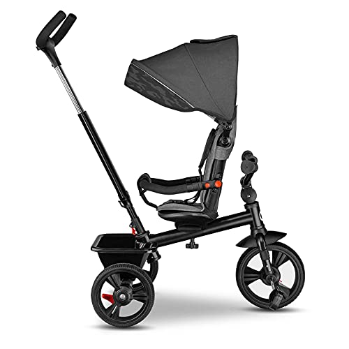 LIONELO Haari Bicicleta 2 en 1 Menores hasta 25 kg 1,5-5 años Triciclo- carrito Cesta espaciosa, bolsa y portavasos Cinturones de 3 puntos con fundas Toldo Reposapiés Gris