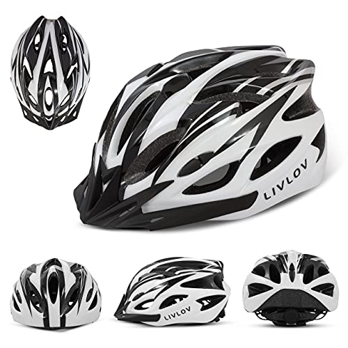 LIVLOV Casco Bicicleta Unisex Adulto Unisexo Ajustable 56-62 cm con Visera y Forro Desmontable Especializado para Ciclismo de Montaña Motocicleta (Negro-Blanco)