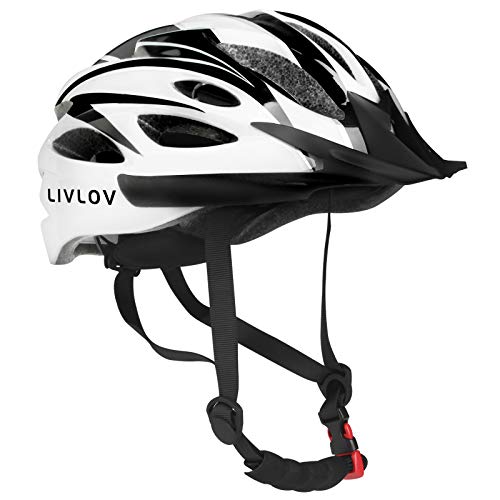 LIVLOV Casco Bicicleta Unisex Adulto Unisexo Ajustable 56-62 cm con Visera y Forro Desmontable Especializado para Ciclismo de Montaña Motocicleta (Negro-Blanco)
