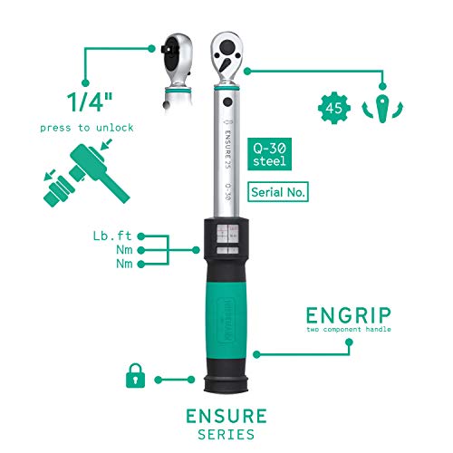 Llave dinamométrica para bici de 1/4 pulgada 3-25Nm ENSURE serie de WIESEMANN 1893 I Llave de torsión con doble escala y apriete a la derecha I De acero cromado Q-30 I Maletín de transporte I 81444