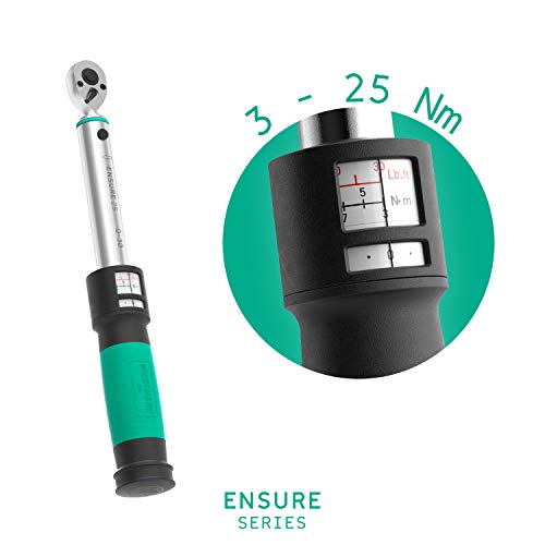 Llave dinamométrica para bici de 1/4 pulgada 3-25Nm ENSURE serie de WIESEMANN 1893 I Llave de torsión con doble escala y apriete a la derecha I De acero cromado Q-30 I Maletín de transporte I 81444