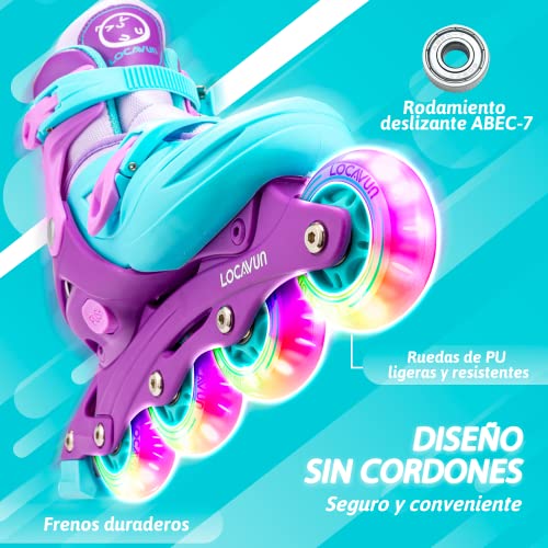 Locavun Patines en Línea con Luz Ajustable de 5 Tamaños para Niños, Patines Rígidos para Niñas y Niños (púrpura, M)