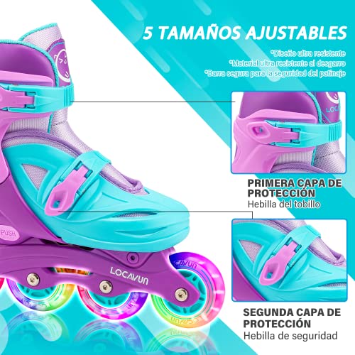 Locavun Patines en Línea con Luz Ajustable de 5 Tamaños para Niños, Patines Rígidos para Niñas y Niños (púrpura, M)