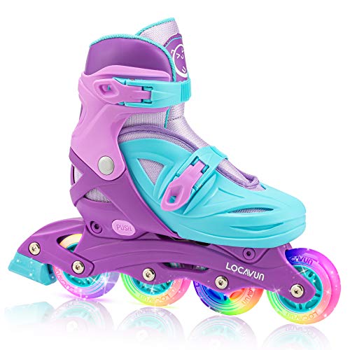 Locavun Patines en Línea con Luz Ajustable de 5 Tamaños para Niños, Patines Rígidos para Niñas y Niños (púrpura, M)