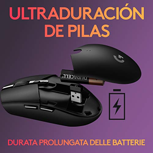 Logitech G305 LIGHTSPEED Ratón Gaming Inalámbrico, Captor HERO 12K, 12,000 DPI, Ultra-ligero, Batería de 250h, 6 Botones Programables, Memoría Integrada, PC/Mac - Negro