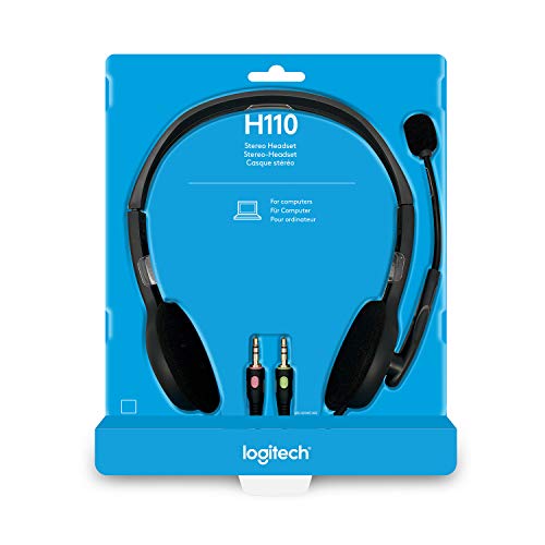 Logitech H110 Auriculares con Cable, Sonido Estéreo con Micrófono Giratorio, Dos Clavijas de Conexión Jack 3,5mm, PC/Mac/Portátil , Negro