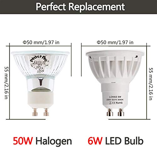 LOHAS 5 x 6W GU10 Bombilla LED, Lámparas Halógenas Equivalentes a 50W, Blanco Calído, 3000K, 500LM, Angulo de Haz de 120°, 230-240V, No Regulable