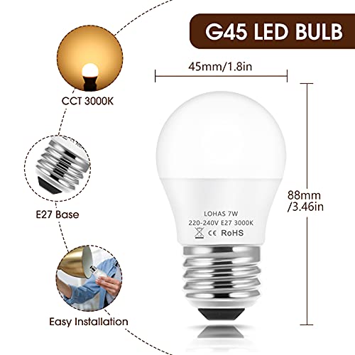 LOHAS 7W E27 Bombilla LED, Bombillas LED G45 Esférica, equivalente a 60W, Blanco Cálido 3000K, 600 Lumens, E27 Rosca Edison bombillas, Bombilla LED E27, No Regulable,Paquete de 3