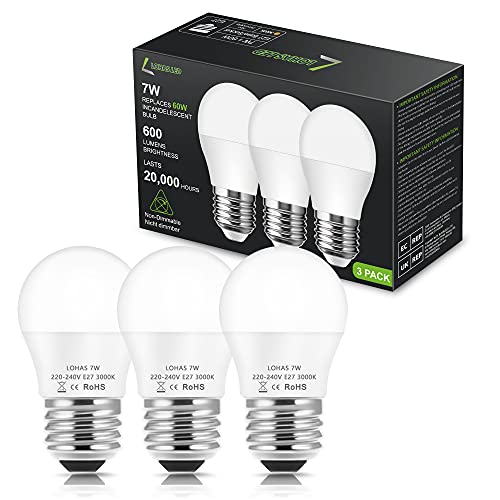 LOHAS 7W E27 Bombilla LED, Bombillas LED G45 Esférica, equivalente a 60W, Blanco Cálido 3000K, 600 Lumens, E27 Rosca Edison bombillas, Bombilla LED E27, No Regulable,Paquete de 3