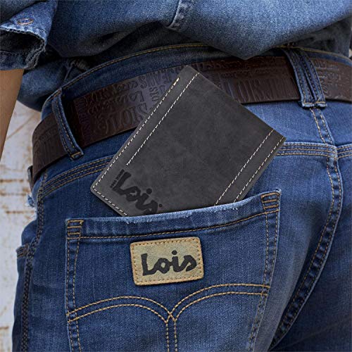 Lois - Cartera Hombre Piel Genuina Cuero. Monedero, Tarjetero con Sistema Bloqueo RFID. Marca Original y Genuina. Diseñada en España 201512, Color Negro