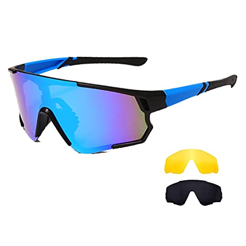 Long Keeper Gafas Ciclismo Hombres Mujeres Gafas de Sol Deportivas Polarizadas Gafas Bicicleta con 3 Lentes Intercambiables para Corriendo MTB (Marco azul-Lente Gris+Amarillo+Azul)