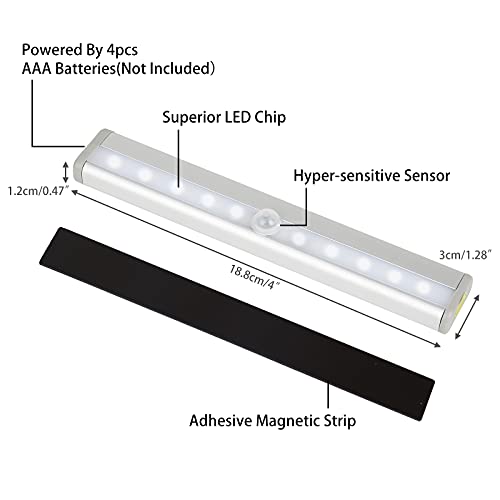 Lote de 3 Luces para Armario de 10 Ledes con Sensor de Movimiento para Armario, Luces LED de Noche, Funciona con Pilas con Tira Magnética Portátil, para Cocina, Armario, Escalera