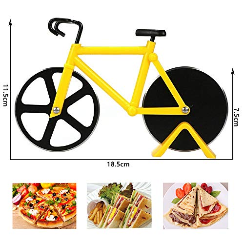 LUKIUP® Bicicleta Cortador de Pizza,Corta Pizza Bicicleta con Soporte, Revestimiento Antiadherente Acero Inoxidable Pizza Ruedas Corte, Creativo Utensilios de Cocina para Pizza y Masa,18.5 cm,amarillo