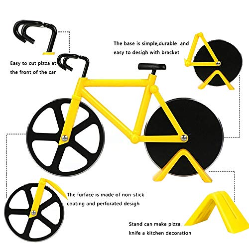 LUKIUP® Bicicleta Cortador de Pizza,Corta Pizza Bicicleta con Soporte, Revestimiento Antiadherente Acero Inoxidable Pizza Ruedas Corte, Creativo Utensilios de Cocina para Pizza y Masa,18.5 cm,amarillo