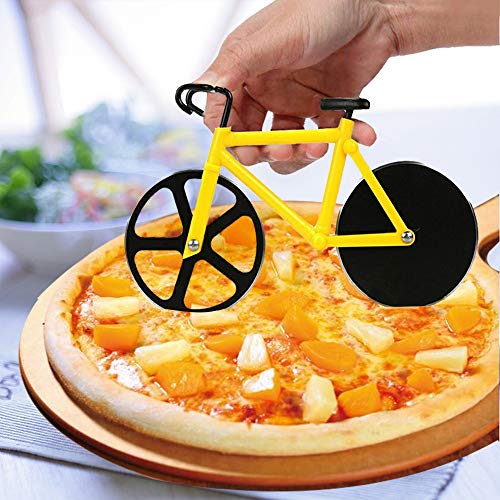 LUKIUP® Bicicleta Cortador de Pizza,Corta Pizza Bicicleta con Soporte, Revestimiento Antiadherente Acero Inoxidable Pizza Ruedas Corte, Creativo Utensilios de Cocina para Pizza y Masa,18.5 cm,amarillo