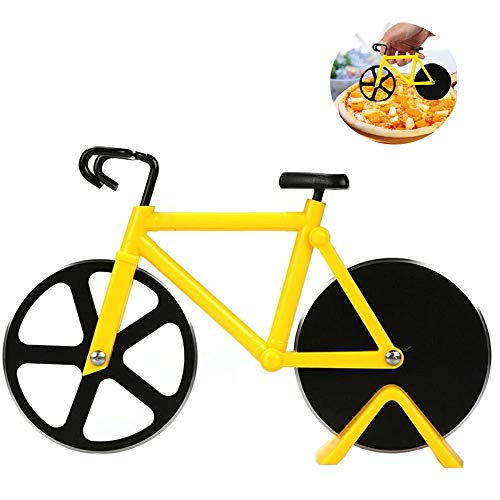 LUKIUP® Bicicleta Cortador de Pizza,Corta Pizza Bicicleta con Soporte, Revestimiento Antiadherente Acero Inoxidable Pizza Ruedas Corte, Creativo Utensilios de Cocina para Pizza y Masa,18.5 cm,amarillo