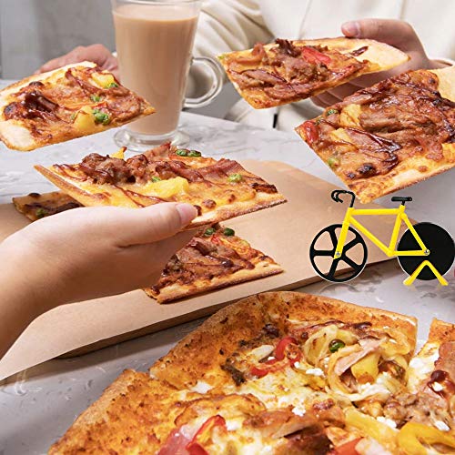 LUKIUP® Bicicleta Cortador de Pizza,Corta Pizza Bicicleta con Soporte, Revestimiento Antiadherente Acero Inoxidable Pizza Ruedas Corte, Creativo Utensilios de Cocina para Pizza y Masa,18.5 cm,amarillo