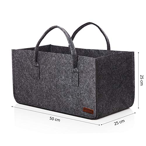 Lumaland Cesta de Fieltro Rectangular para Leña - Bolsa Grande Multiusos con Asas para Almacenamiento de Madera - Leñero Interior para Chimenea - 50 x 25 x 25 cm / Gris Oscuro