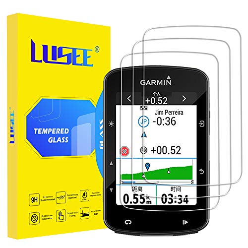 Lusee 3 Piezas Protector de Pantalla para Garmin Edge 520 / Edge 520 Plus/Edge 820 Cristal Vidrio Templado [Dureza 9H][Alta Definición] Resistente a los arañazos/Anti-Huellas Protector de Pantalla