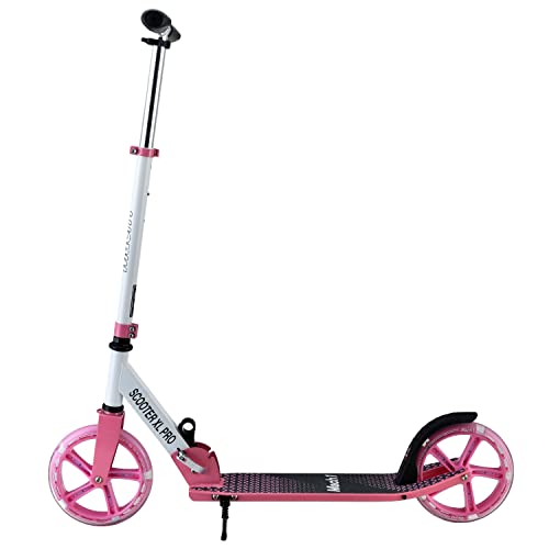 Mach1 Patinete Kick de aluminio para ciudad, tamaño grande de 200 mm, luz LED, ruedas con luces LED, ruedas para adultos y niños, plegable, patinete plegable (XL, blanco y rosa)