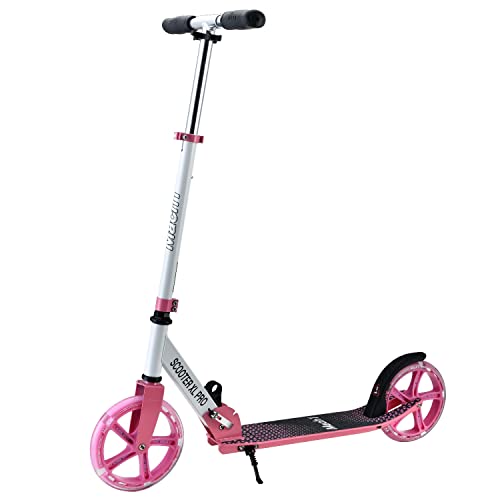 Mach1 Patinete Kick de aluminio para ciudad, tamaño grande de 200 mm, luz LED, ruedas con luces LED, ruedas para adultos y niños, plegable, patinete plegable (XL, blanco y rosa)