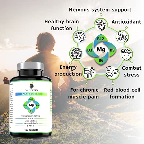 MAG-FUSION Citrato de Magnesio y Vitaminas B6 B9 Folato B12 y D3. Disminuye el cansancio y la fatiga, mejora el funcionamiento del sistema nervioso. 120 cápsulas