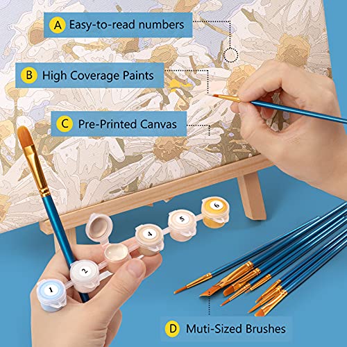 Magicfly Pintar por Numeros con Marco para Adultos Principiante, Flores Girasol, Margarita Kit de DIY Pintura Acrílica con caballete de madera, 10 Pinceles