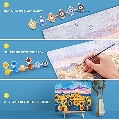 Magicfly Pintar por Numeros con Marco para Adultos Principiante, Flores Girasol, Margarita Kit de DIY Pintura Acrílica con caballete de madera, 10 Pinceles