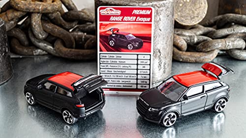 Majorette- Coche de Juguete Premium Range Rover Evoque, Rueda Libre, Piezas Que se abren con suspensión, 1:64, 7,5 cm, Negro, para niños a Partir de 3 años (212053052Q27)