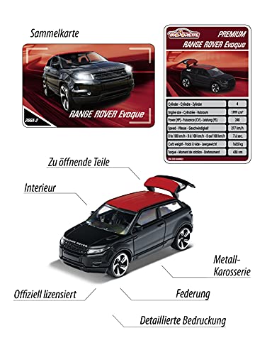 Majorette- Coche de Juguete Premium Range Rover Evoque, Rueda Libre, Piezas Que se abren con suspensión, 1:64, 7,5 cm, Negro, para niños a Partir de 3 años (212053052Q27)