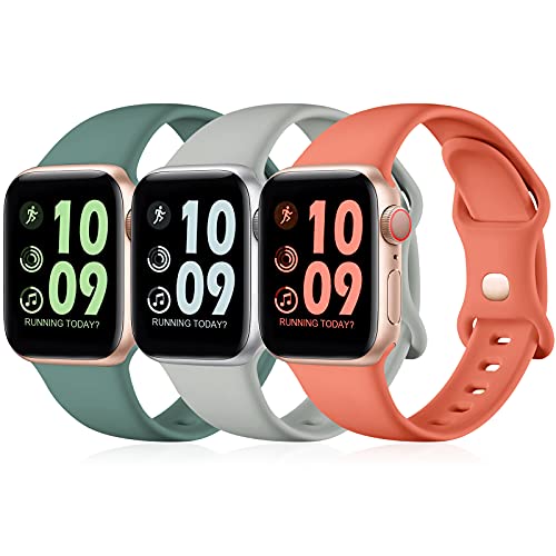 Maledan 3 Pack Correas Compatible con Apple Watch Correa 44mm 42mm 40mm 38mm, Correa de Silicona Suave de Repuesto Compatible con iWatch SE/Series 6 5 4 3 2 1, 42mm/44mm-M/L, Gris/Pino Verde/Coral