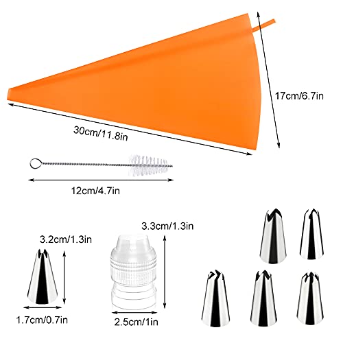 Manga Pastelera de silicona y 6 x boquillas de pastelería de acero inoxidable, juego de decoración de pasteles para manualidades (6 boquillas + 1 manga naranja)