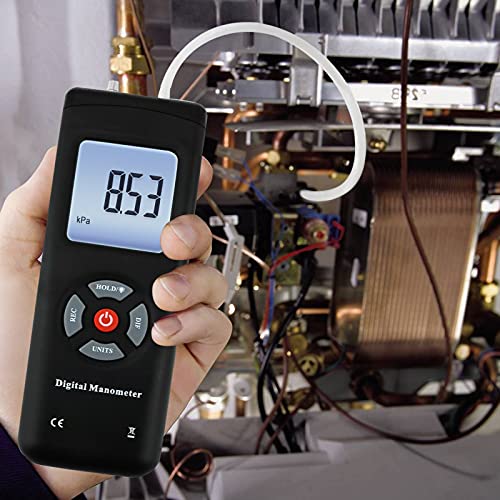 Manómetro digital profesional, medidor portátil de presión de aire/vacío portátil de aire 11 unidades con luz de fondo, ± 13.78kPa ± 2PSI, adecuado para presión diferencial de 1-2 tuberías